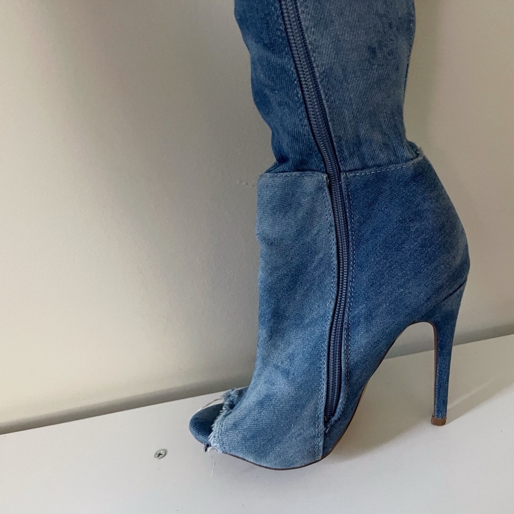 Blue Denim Knee High Peep Toe Boots Party Club Streetwear Festival - Picture 13 of 14